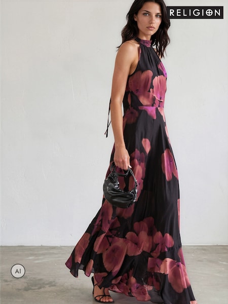 Pink/Black - Religion Floral Fire Print Valeria Maxi Halterneck Dress