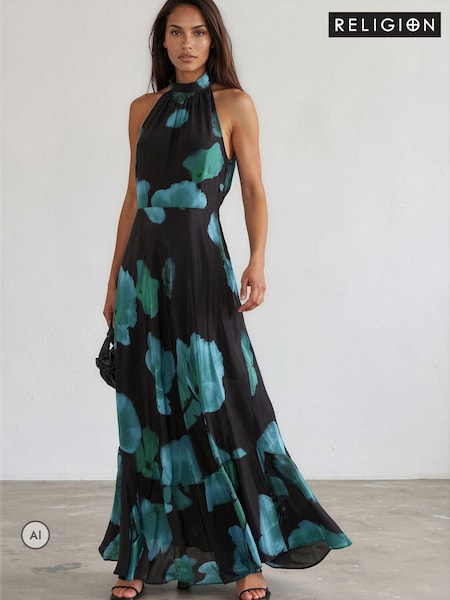Blue/Green - Religion Floral Fire Print Valeria Maxi Halterneck Dress