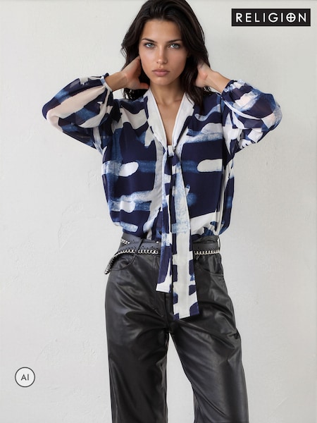 Blue - Religion Alfa V-neck Blouse With Tie Sash