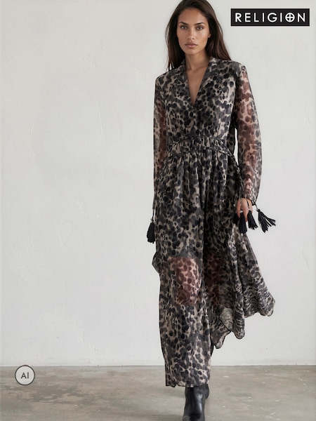 Animal Leopard Print - Religion Alfa Maxi Dress With Tassle Tie Waist Band And Sheer Sleeves