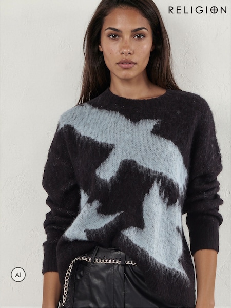 Black - Religion Aviation Jumper With Bird Jacquard In Brushed Yarn