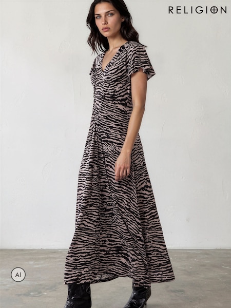 Animal - Religion Eden Maxi Dress In Zebra Print With Gathered V-neck Detail