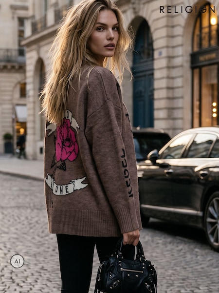 Natural - Religion Nadia Rose Entarsia Graphic Cardigan With Shawl Collar
