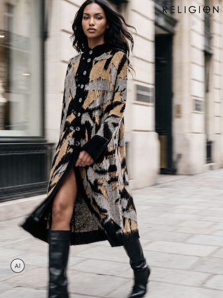 Black - Religion Long Line Layla Maxi Coatigan Cardigan With Funnel Neck