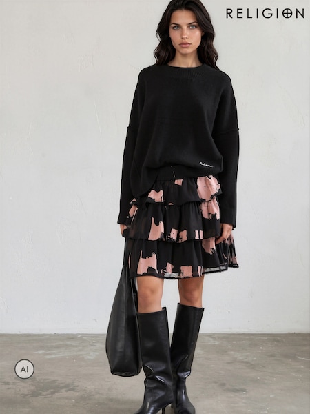 Black - Religion Corinne Tiered Mini Skirt With Lace Trim