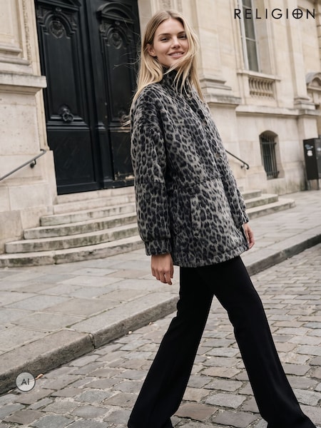 Animal - Religion Saturn Leopard Parka Winter Coat With Stand-up Collar