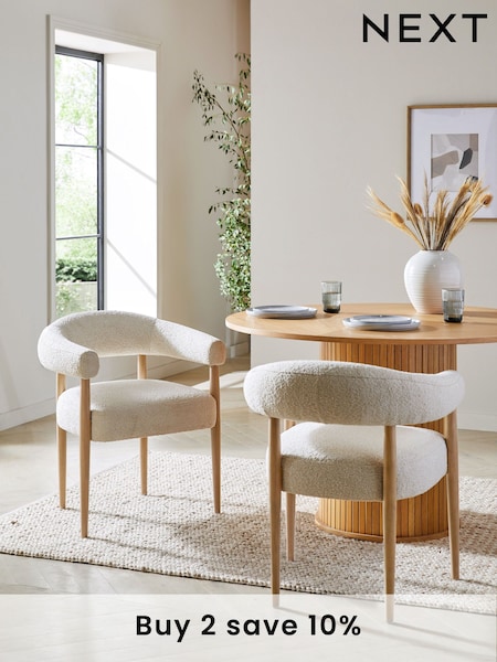 Set of 2 Casual Boucle Oyster Aire Light Wood Leg Dining Chairs (181201) | £360