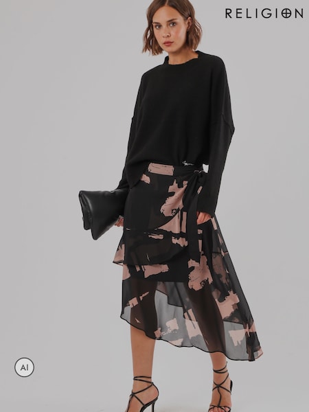 Black - Religion Stage Midi Wrap Assymetric Skirt
