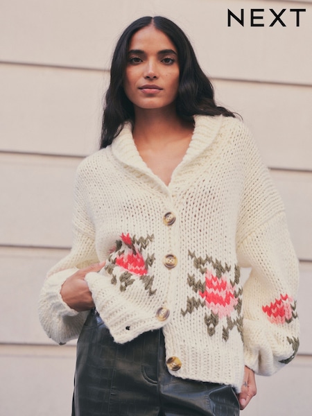 Ecru White - Shawl Collar Hand Knit Floral Cardigan With Wool