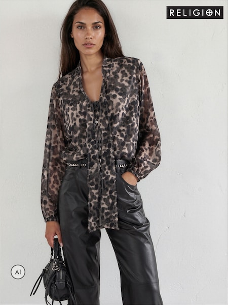 Animal Leopard Print - Religion Alfa V-neck Blouse With Tie Sash