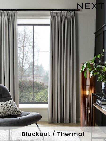 Grey Silver Cotton Blackout/Thermal Pencil Pleat Curtains (182922) | £40 - £105