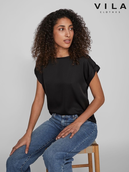 VILA Black Short Sleeve Satin and Jersey Top (182955) | £25