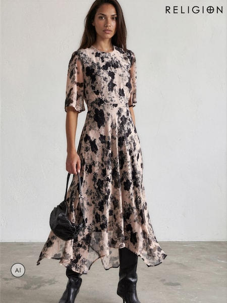 Nude - Religion Solstice Tea Desk To Dinner Dress With Crew Neck Print