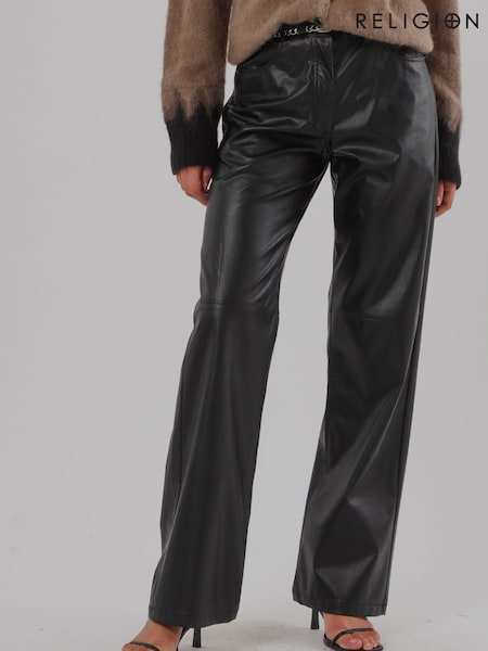 Black - Religion Straight Leg 5 Pocket Faux Leather Jane Trousers