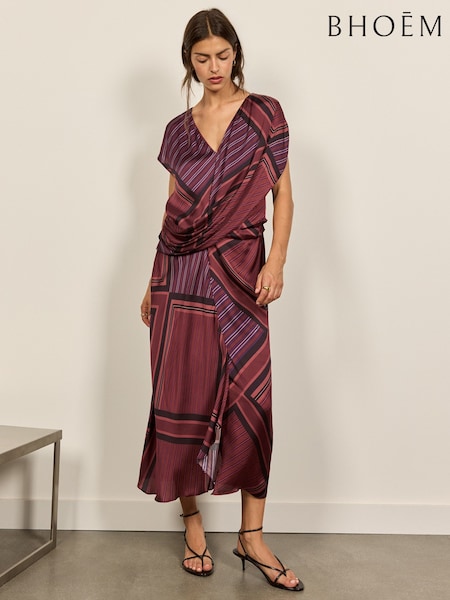 Burgundy Red - Draped V-neck Geometric Print Midi Sleeveless Dress