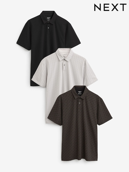 White/Grey/Black Print Regular Fit Short Sleeve Jersey Polo Shirts 3 Pack (185631) | £44
