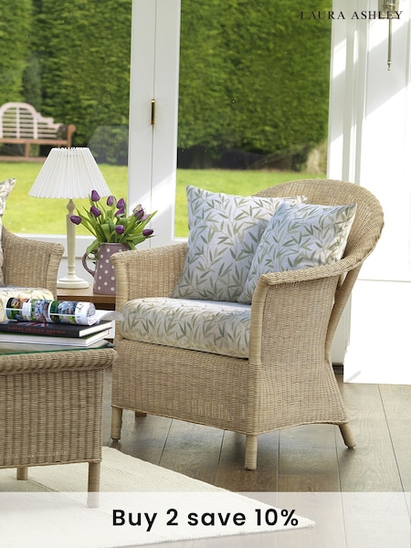 Laura Ashley Natural Garden Bewley Indoor Rattan Chair with Willow Leaf Hedgerow Cushions (186948) | £475