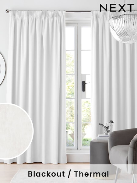 White Cotton Blackout/Thermal Pencil Pleat Curtains (187452) | £40 - £105