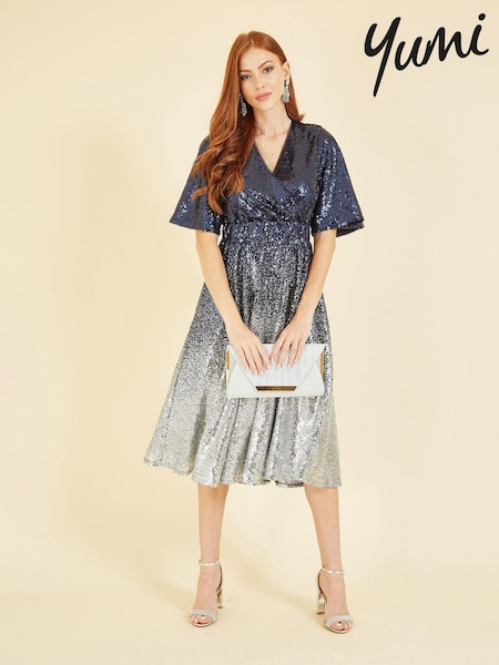 Yumi Blue Ombre Sequin Midi Wrap Dress (188786) | £75