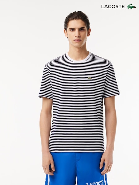 Lacoste White/Navy 100% Cotton Striped T-Shirt (189599) | £65