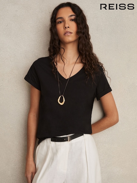 Reiss Black Luana Cotton-Jersey V-Neck T-Shirt (189955) | £35