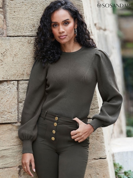 Sosandar Green Ribbed Puff Sleeve Jumper (190762) | £49