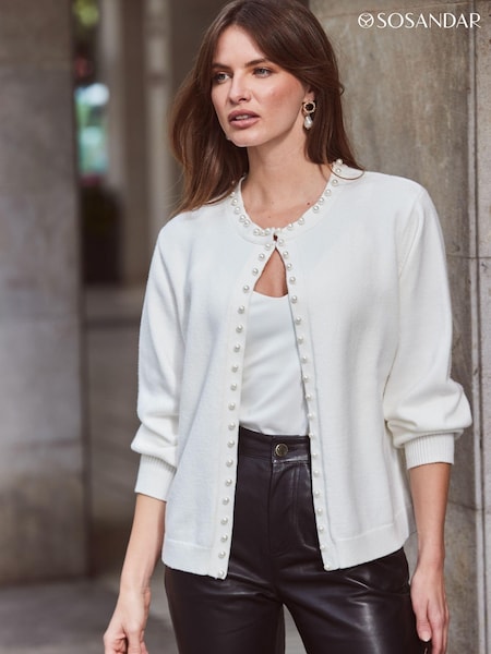 Sosandar White Pearl Embellished Trim Cardigan (190868) | £65