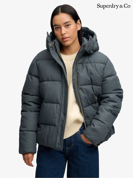 Steel Blue - Superdry Premium Hooded Puffer Jacket