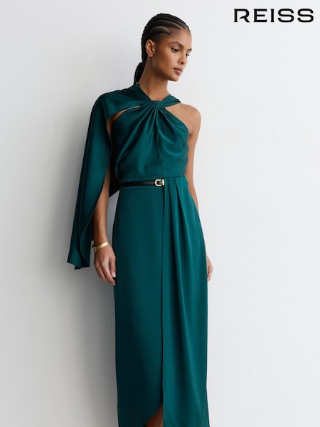 Teal Green - Reiss Clodagh Satin Side-cape Draped Midi Dress