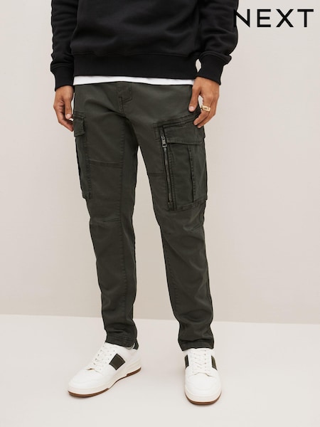 Dark Khaki Green Slim Fit Zip Detail Stretch Cargo Trousers (194062) | £45