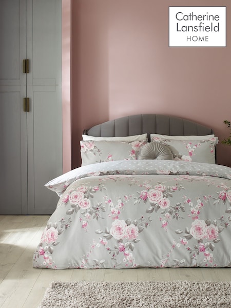 Catherine Lansfield Grey Canterbury Floral Duvet Cover and Pillowcase Set (196019) | £17 - £28