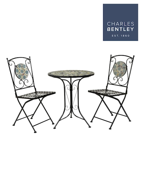 Charles Bentley Silver Bentley Garden 2 Seater Wrought Iron Bistro Set with Blue Mosaic (196651) | £140