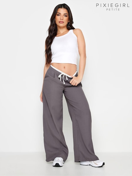 PixieGirl Petite Grey Contrast Waist Wide Leg Trousers (198158) | £37