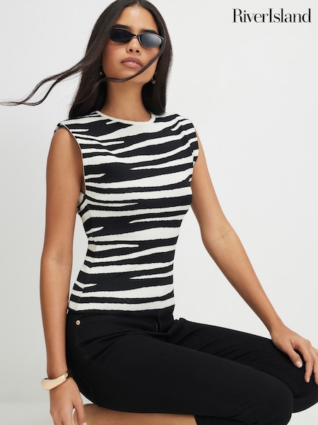 Black - River Island Tolami Sleeveless Zebra Print Knitted Top