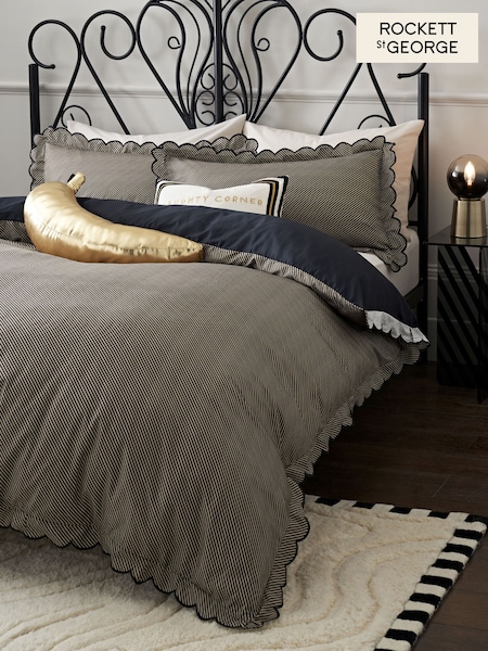 Rockett St George Black Pencil Stripe Scalloped 100% Cotton Duvet Cover and Pillowcase Set (199295) | £65 - £105