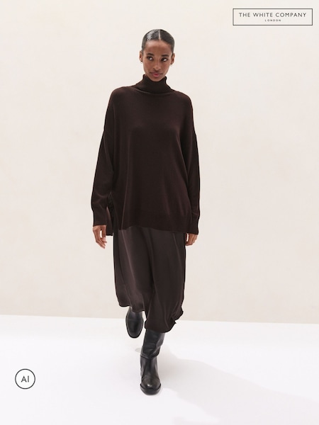 Brown - The White Company Funnel Neck Mixed Media Knitted Dress