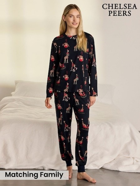 Blue - Chelsea Peers Christmas Giraffe Print Long Pyjamas Set