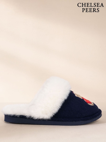 Blue - Chelsea Peers Corduroy Embroidered Christmas Chip The Cockapoo Slippers