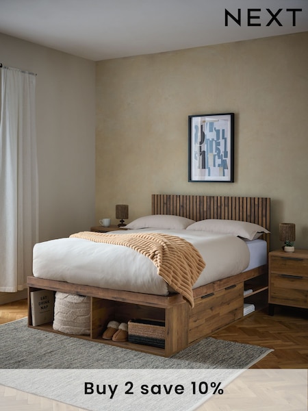 Oak Effect Slatted Headboard Bronx Platform Bed Frame with Storage (201962) | £799 - £899