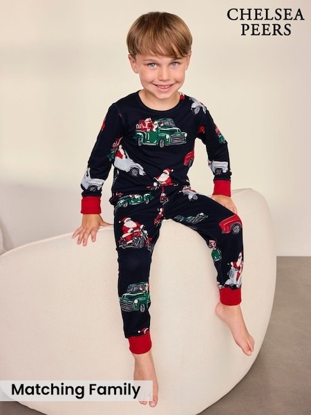 Blue - Chelsea Peers Kids Christmas Santa Road Trip Print Long Pyjamas Set