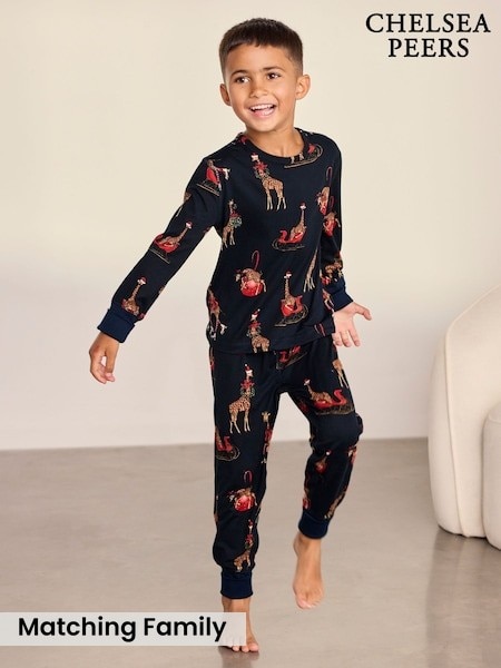 Blue - Chelsea Peers Kids Christmas Giraffe Print Long Pyjama Set