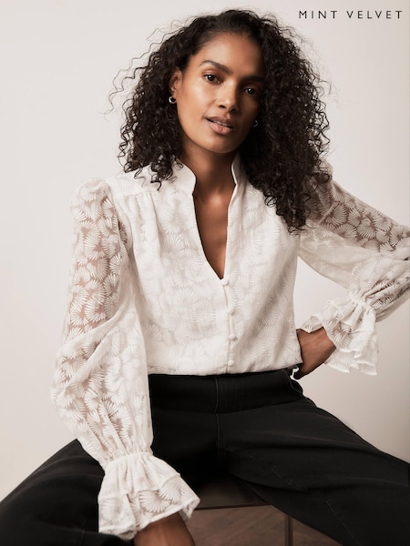 White - Mint Velvet Puff Shoulder Feather Detail Blouse