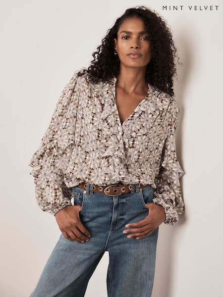Natural - Mint Velvet Print Ruffle Blouse