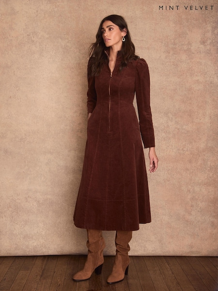 Brown - Mint Velvet Corduroy Stand Collar Midi Dress