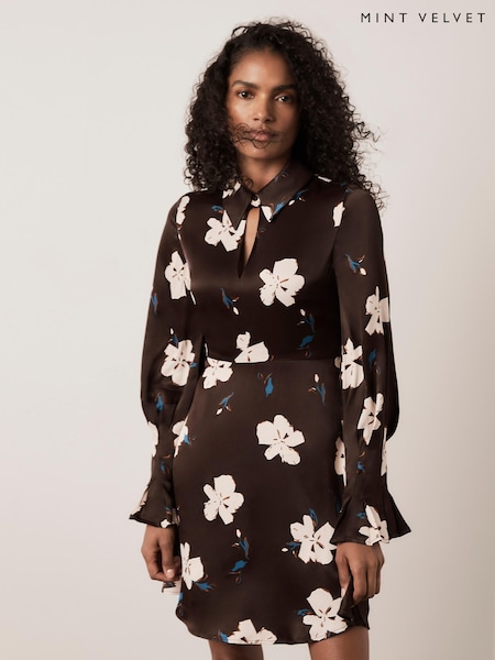 Brown - Mint Velvet Floral Print Satin Mini Dress