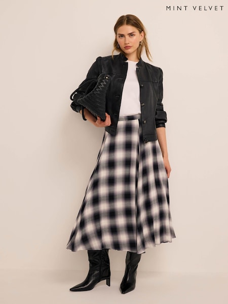 Grey - Mint Velvet Check Flounce Midi Skirt