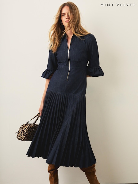 Blue - Mint Velvet Pleated Midi Dress