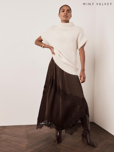 Brown - Mint Velvet Satin Lace Trim Midi Skirt