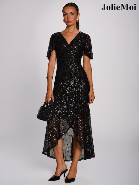 Black - Jolie Moi Sequin Angel Sleeve Flare Hem Maxi Dress