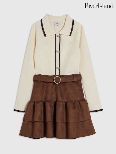 Brown - River Island Suedette Polo Top & Skirt Set
